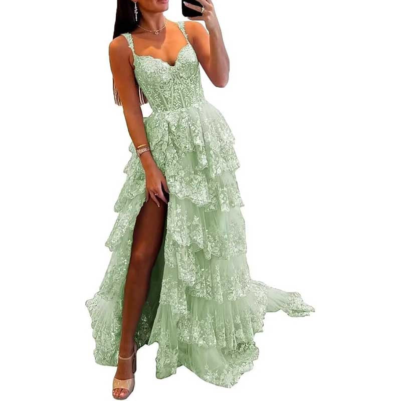 Off The Shoulder Tiered Tulle Prom Dress Corset Long Split Mermaid Evening Formal Gowns