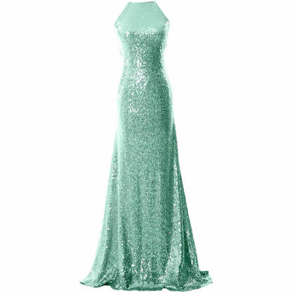 Women Halter Sequin Long Bridesmaid Dress Cowlback Formal Evening Gown