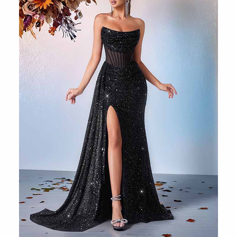 Sparkling Sequin Long Evening Dress – Corset Split Prom Gown
