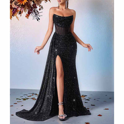 Sparkling Sequin Long Evening Dress – Corset Split Prom Gown