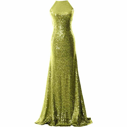 Women Halter Sequin Long Bridesmaid Dress Cowlback Formal Evening Gown