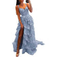 Off The Shoulder Tiered Tulle Prom Dress Corset Long Split Mermaid Evening Formal Gowns