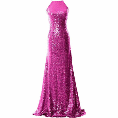 Women Halter Sequin Long Bridesmaid Dress Cowlback Formal Evening Gown