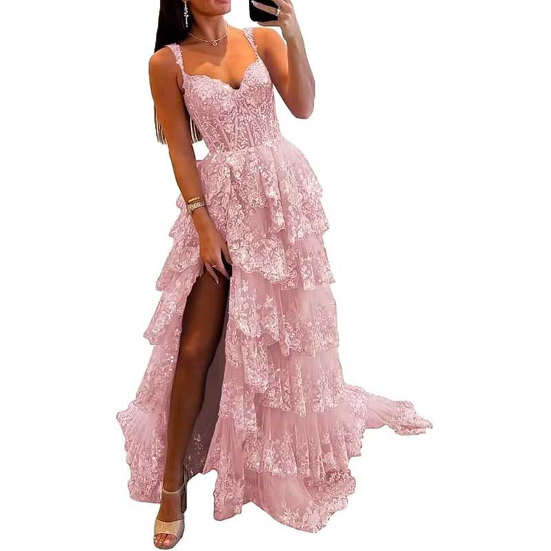 Off The Shoulder Tiered Tulle Prom Dress Corset Long Split Mermaid Evening Formal Gowns