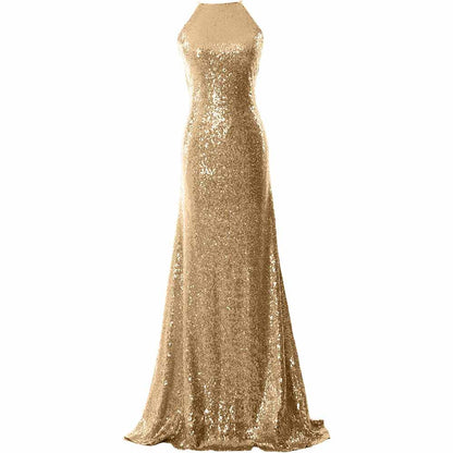 Women Halter Sequin Long Bridesmaid Dress Cowlback Formal Evening Gown