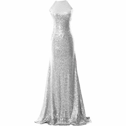 Women Halter Sequin Long Bridesmaid Dress Cowlback Formal Evening Gown