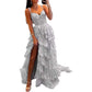 Off The Shoulder Tiered Tulle Prom Dress Corset Long Split Mermaid Evening Formal Gowns