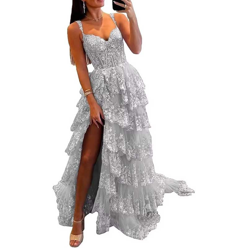 Off The Shoulder Tiered Tulle Prom Dress Corset Long Split Mermaid Evening Formal Gowns