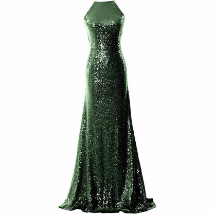 Women Halter Sequin Long Bridesmaid Dress Cowlback Formal Evening Gown