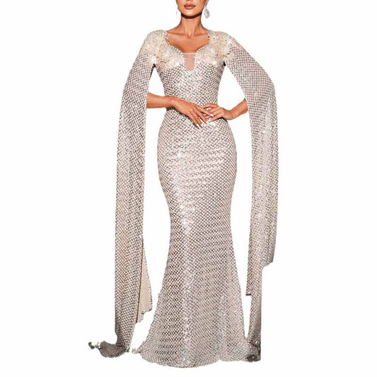 Cape Sleeves Champagne Prom Dress Sequin Wedding Cocktail Dress