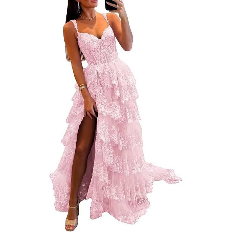 Off The Shoulder Tiered Tulle Prom Dress Corset Long Split Mermaid Evening Formal Gowns