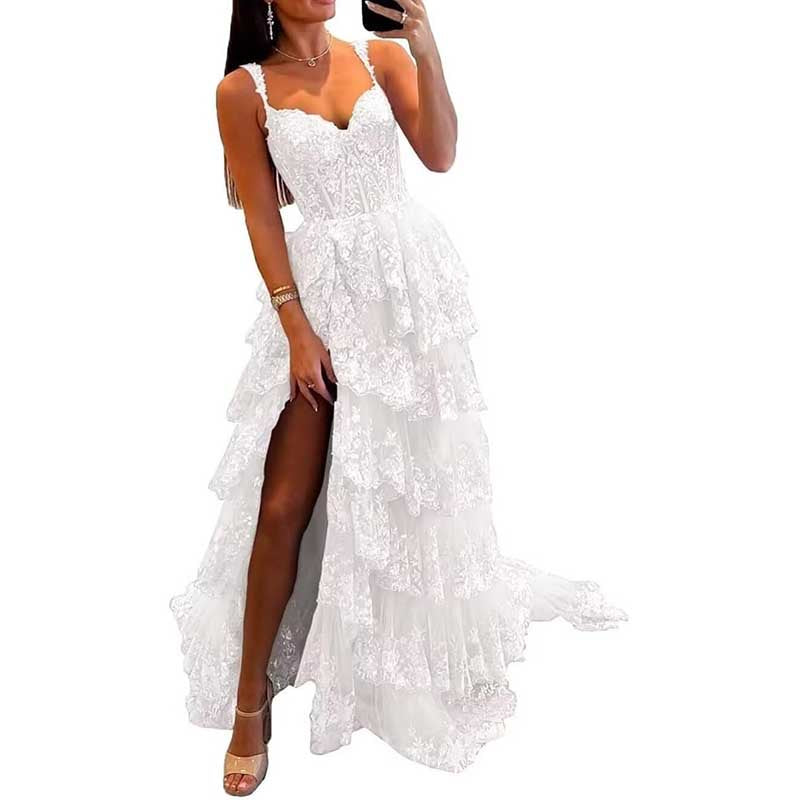 Off The Shoulder Tiered Tulle Prom Dress Corset Long Split Mermaid Evening Formal Gowns