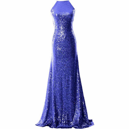 Women Halter Sequin Long Bridesmaid Dress Cowlback Formal Evening Gown