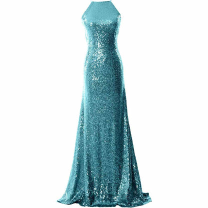 Women Halter Sequin Long Bridesmaid Dress Cowlback Formal Evening Gown