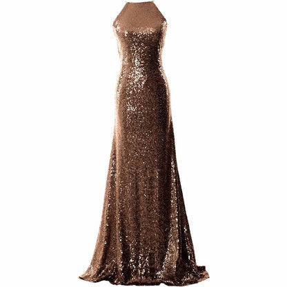 Women Halter Sequin Long Bridesmaid Dress Cowlback Formal Evening Gown