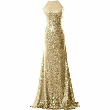 Women Halter Sequin Long Bridesmaid Dress Cowlback Formal Evening Gown