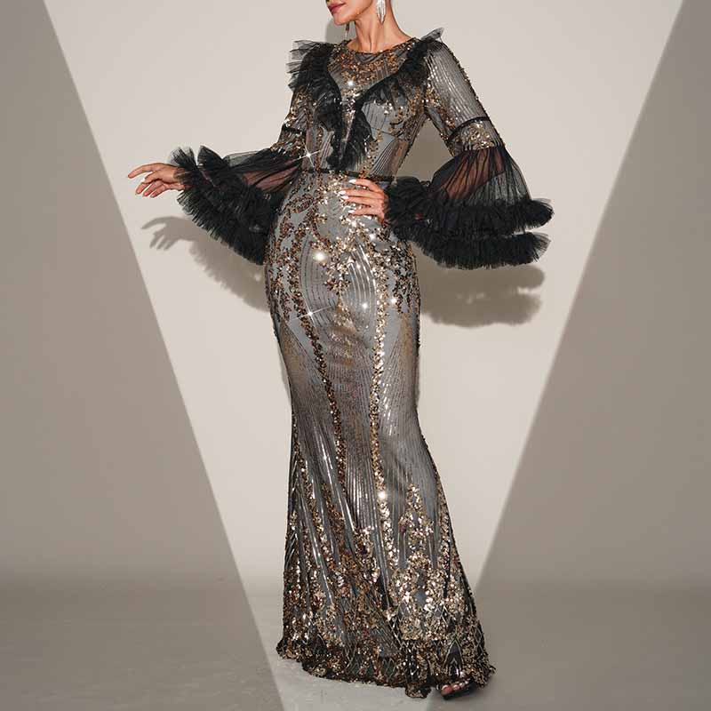 Puffed-Sleeve Sequined Long Evening Dress Mermaid Formal Gown