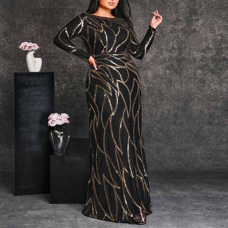 1XL-4XL Long Sleeves Sequin Black Formal Derss Prom Gowns