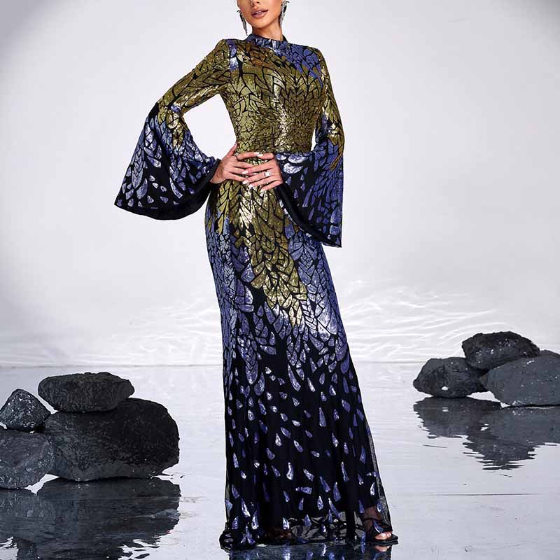 Mermaid Maxi Dress Long Sleeve Evening Dress Backless Sequin Prom Dress