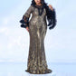 Puffed-Sleeve Sequined Long Evening Dress Mermaid Formal Gown