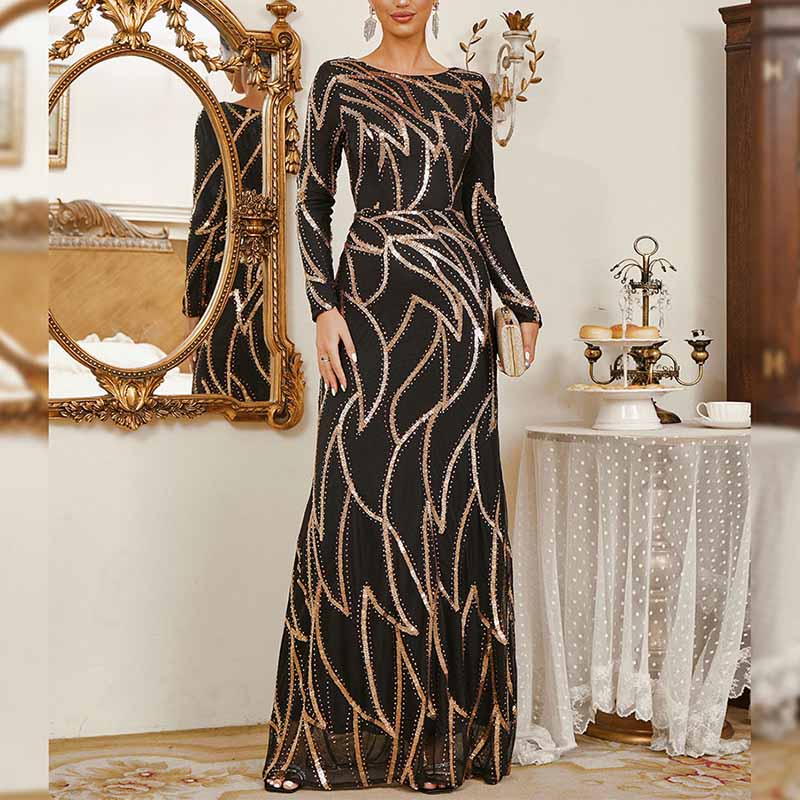 Long Sleeves Sequin Black Formal Derss Prom Gowns