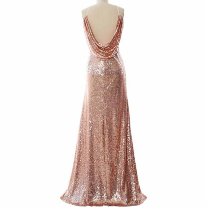 Women Halter Sequin Long Bridesmaid Dress Cowlback Formal Evening Gown