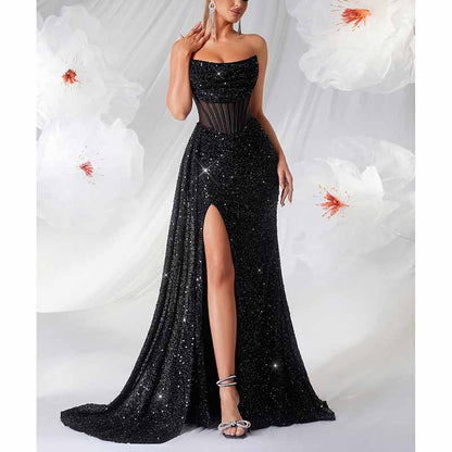 Sparkling Sequin Long Evening Dress – Corset Split Prom Gown