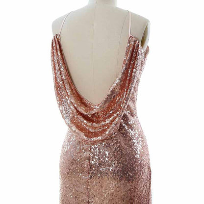 Women Halter Sequin Long Bridesmaid Dress Cowlback Formal Evening Gown