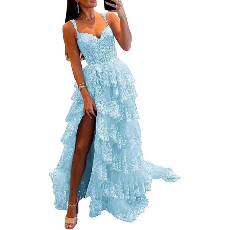 Off The Shoulder Tiered Tulle Prom Dress Corset Long Split Mermaid Evening Formal Gowns