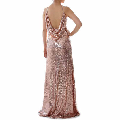 Women Halter Sequin Long Bridesmaid Dress Cowlback Formal Evening Gown