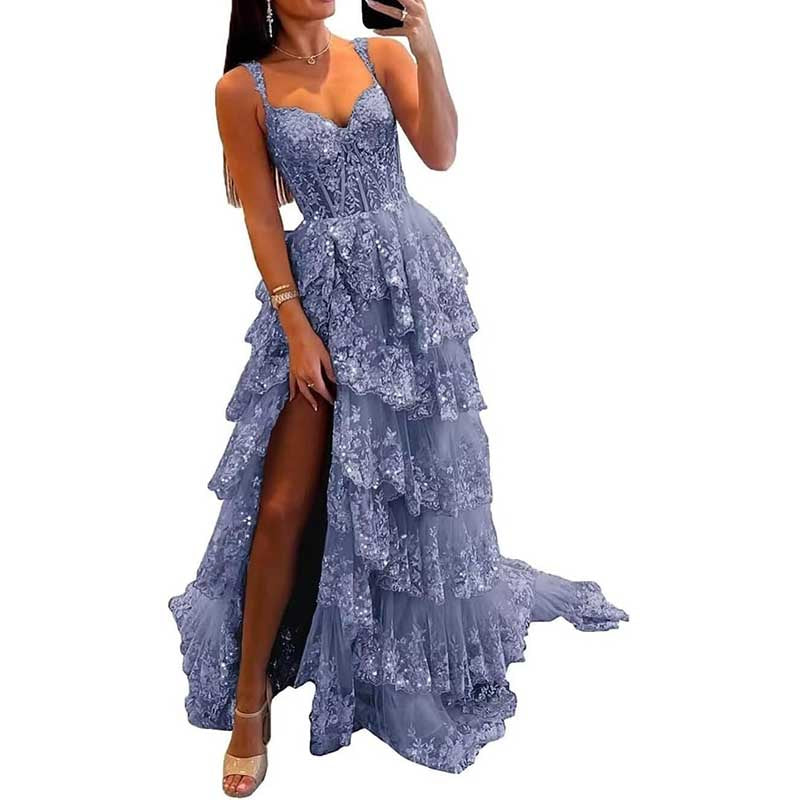 Off The Shoulder Tiered Tulle Prom Dress Corset Long Split Mermaid Evening Formal Gowns