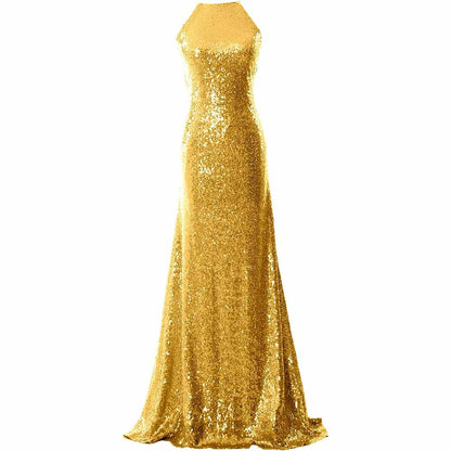 Women Halter Sequin Long Bridesmaid Dress Cowlback Formal Evening Gown