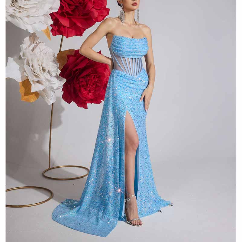 Sparkling Sequin Long Evening Dress – Corset Split Prom Gown