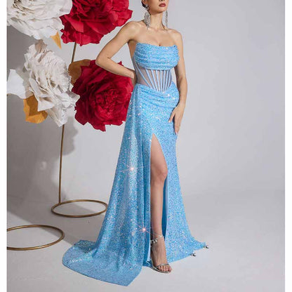 Sparkling Sequin Long Evening Dress – Corset Split Prom Gown