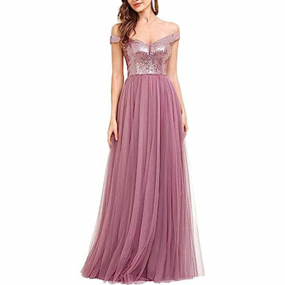 Off The Shoulder Bridesmaid Dress with Sequined Top High Waisted Long Prom Dress