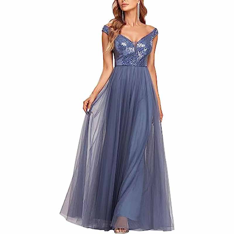 Off The Shoulder Bridesmaid Dress with Sequined Top High Waisted Long Prom Dress