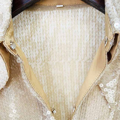 Womens Gold Bling Party Tops Sparkle Outfits Sequin Long Sleeve Blouse Glitter Clubwear Shirt