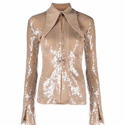 Womens Gold Bling Party Tops Sparkle Outfits Sequin Long Sleeve Blouse Glitter Clubwear Shirt