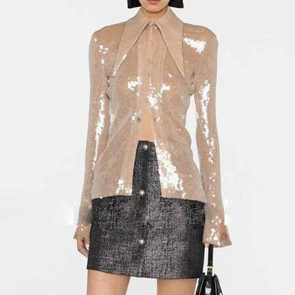 Womens Gold Bling Party Tops Sparkle Outfits Sequin Long Sleeve Blouse Glitter Clubwear Shirt