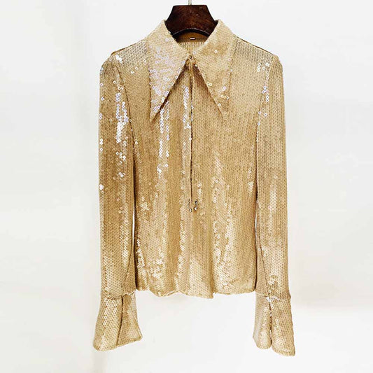 Womens Gold Bling Party Tops Sparkle Outfits Sequin Long Sleeve Blouse Glitter Clubwear Shirt