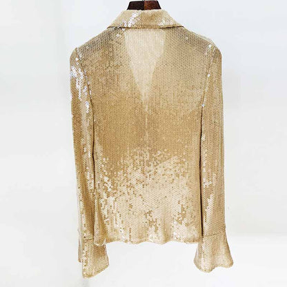 Womens Gold Bling Party Tops Sparkle Outfits Sequin Long Sleeve Blouse Glitter Clubwear Shirt