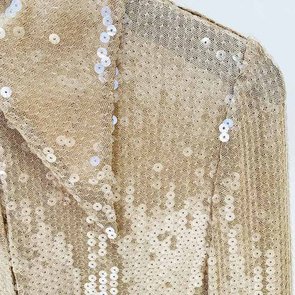 Womens Gold Bling Party Tops Sparkle Outfits Sequin Long Sleeve Blouse Glitter Clubwear Shirt