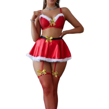 Sexy Christmas lingerie set in red with white fur trim and golden bows for festive occasions