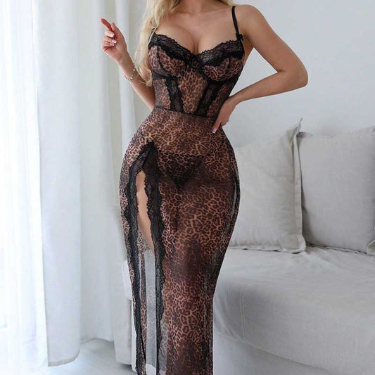Sexy leopard print night dress with lace detailing and thigh-high slit for a sultry look