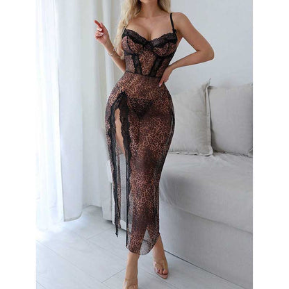 Sexy leopard print night dress by SD Dresscode with lace details and thigh-high slit for a sultry look