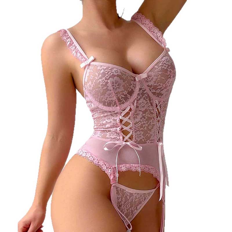 Pink sexy mesh lace lingerie outfit with bows and a delicate lace design for a romantic look