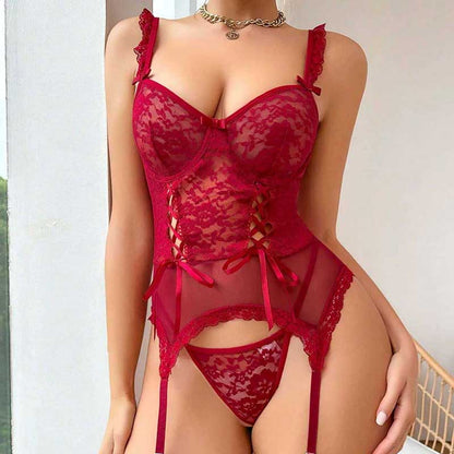 SD Dresscode sexy mesh lace lingerie outfit in red with intricate lace detailing and satin bows