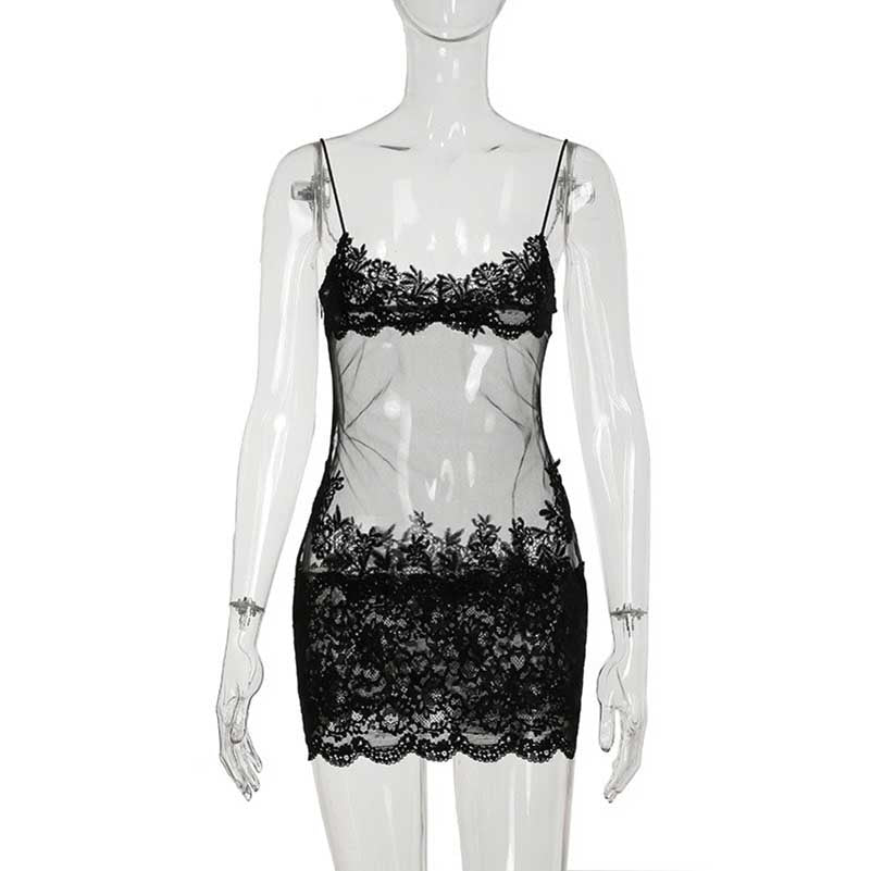 Stylish sexy mesh lace mini dress featuring intricate floral lace design and adjustable straps