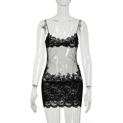 Stylish sexy mesh lace mini dress featuring intricate floral lace design and adjustable straps