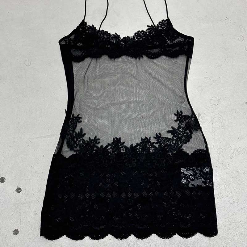 Sexy mesh lace mini dress in black featuring floral lace detailing and adjustable straps